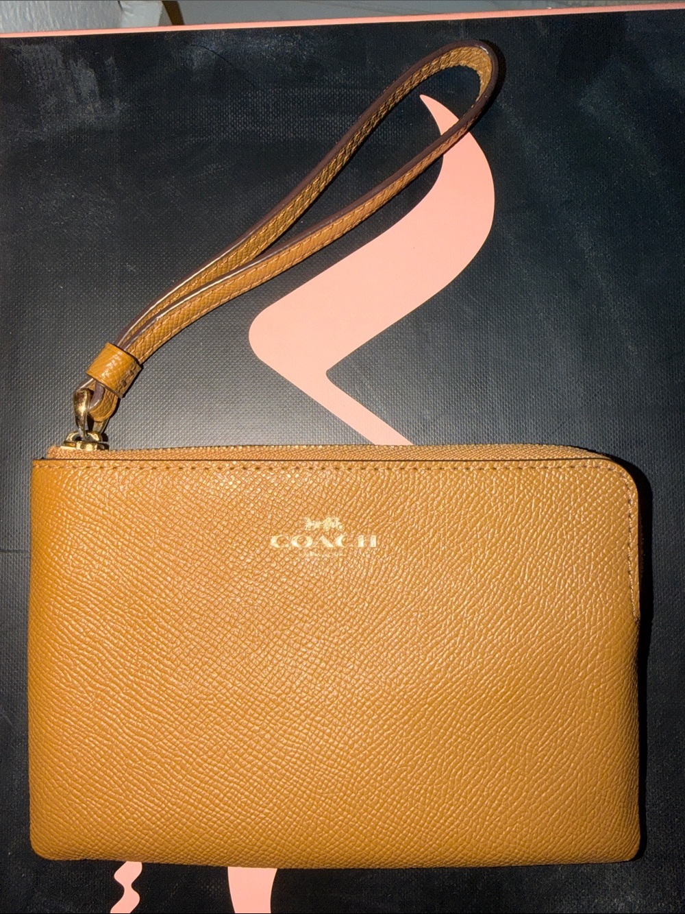 Coach Pebbled Leather Wristlet in Caramel Brown with Gold Hardware